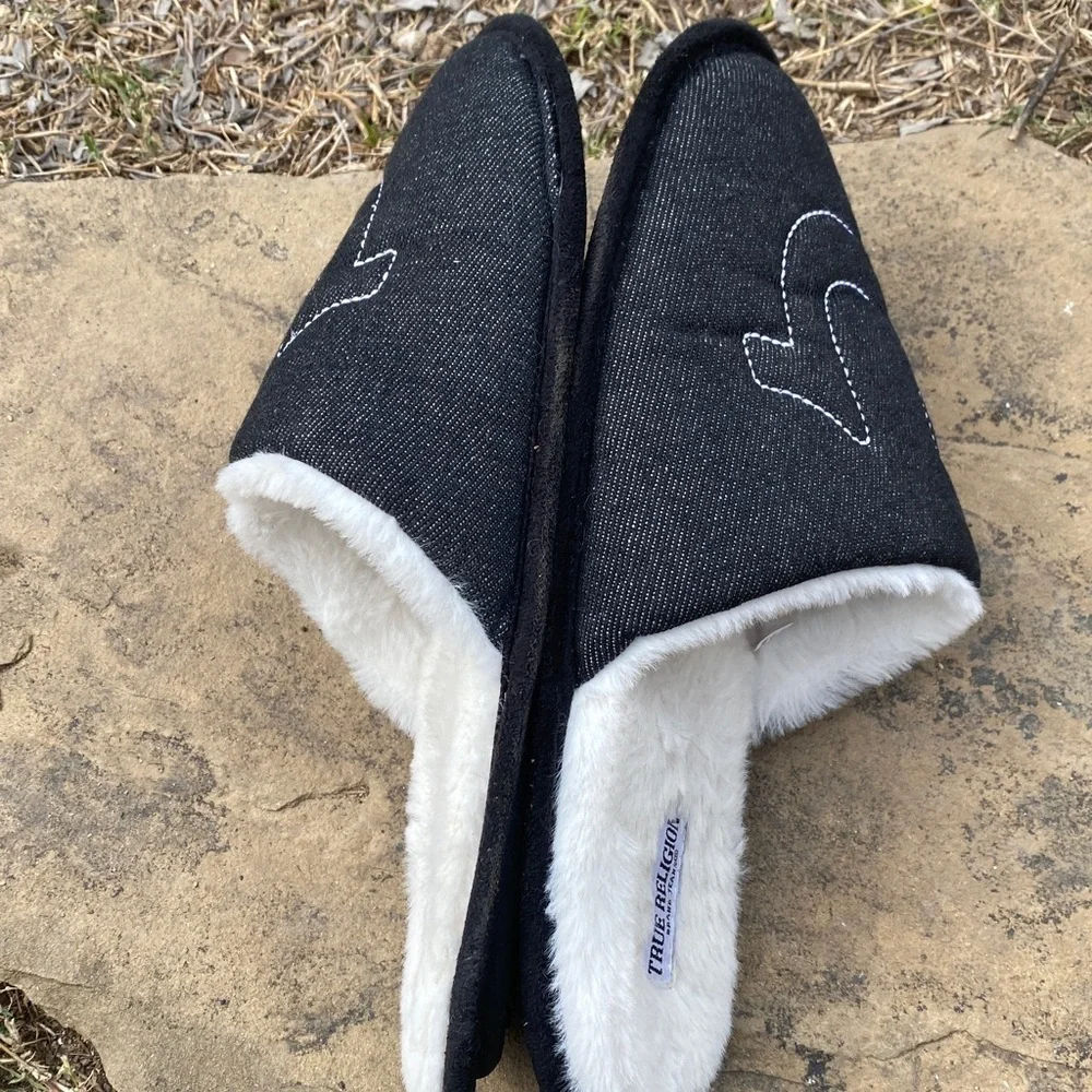 True Religion black denim slippers mens 9/10 faux fur soft comfy loungewear